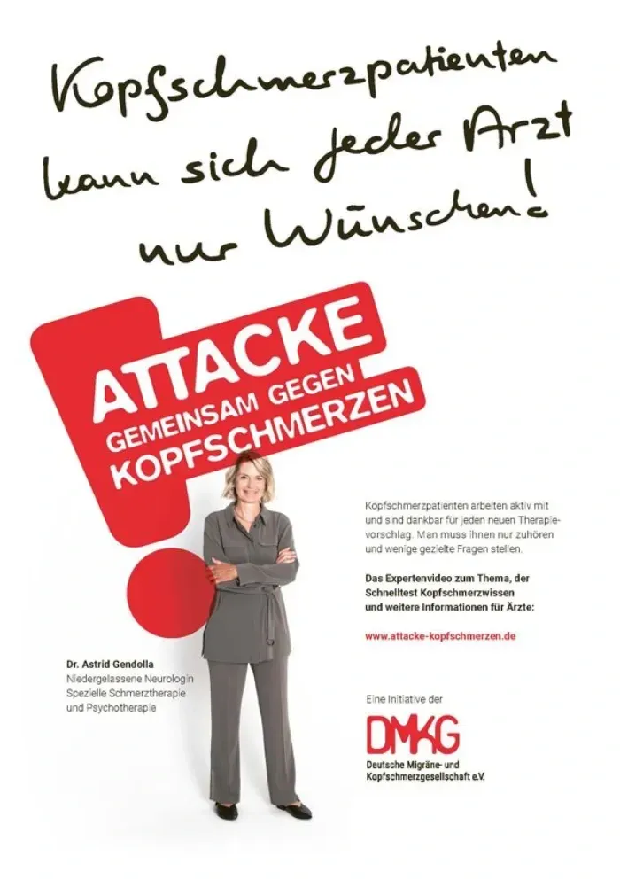 Anzeigenmotiv mit Dr. Astrid Gendolla, niedergelassene Neurologin, Spezielle Schmerztherapie und Psychotherapie: „Kopfschmerzpatienten kann sich jeder Arzt nur wünschen!“