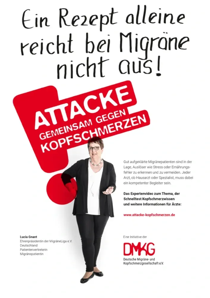 Anzeigenmotiv mit Lucia Gnant, Ehrenpräsidentin der MigräneLiga e. V. Deutschland, Patientenvertreterin und Migränepatientin: „Ein Rezept alleine reicht bei Migräne nicht aus!“