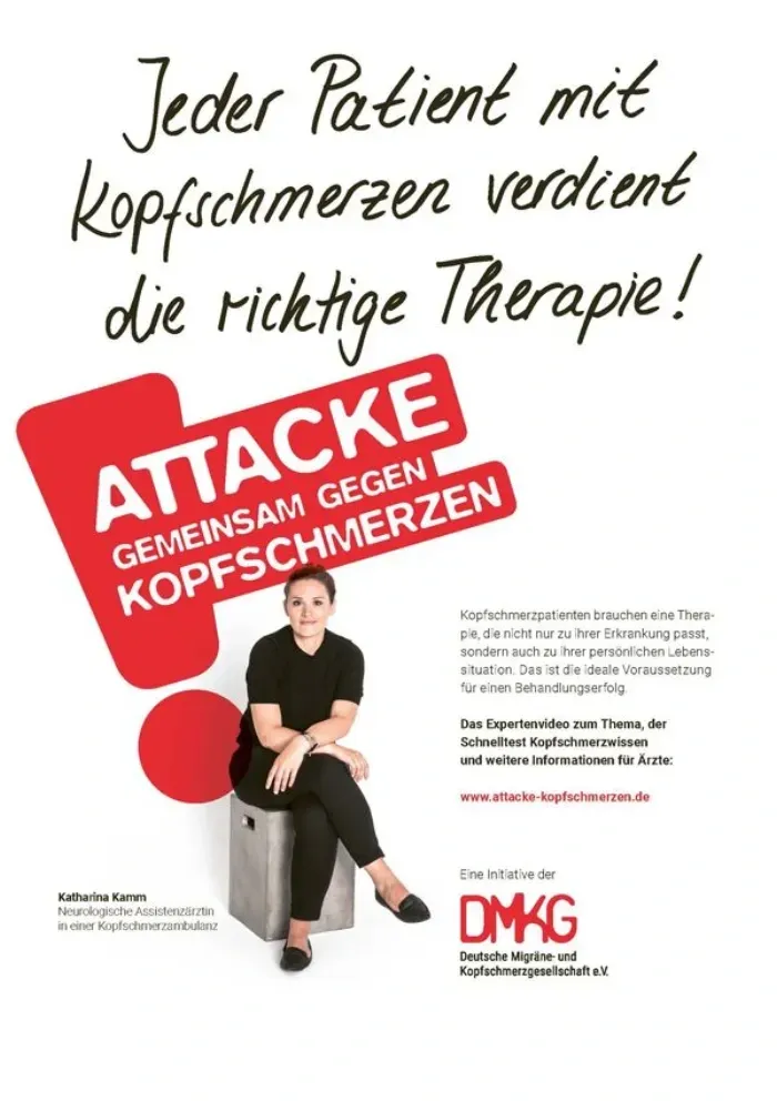 Anzeigenmotiv mit Katharina Kamm, neurologische Assistenzärztin in einer Kopfschmerzambulanz: „Jeder Patient mit Kopfschmerzen verdient die richtige Therapie!“