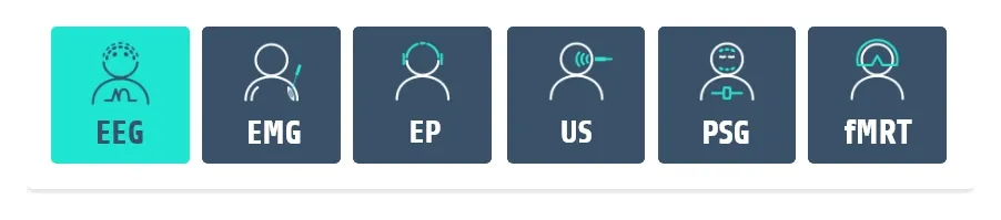 Leiste mit sechs Methoden-Icons: EEG, EMG, EP, US, PSG und fMRT