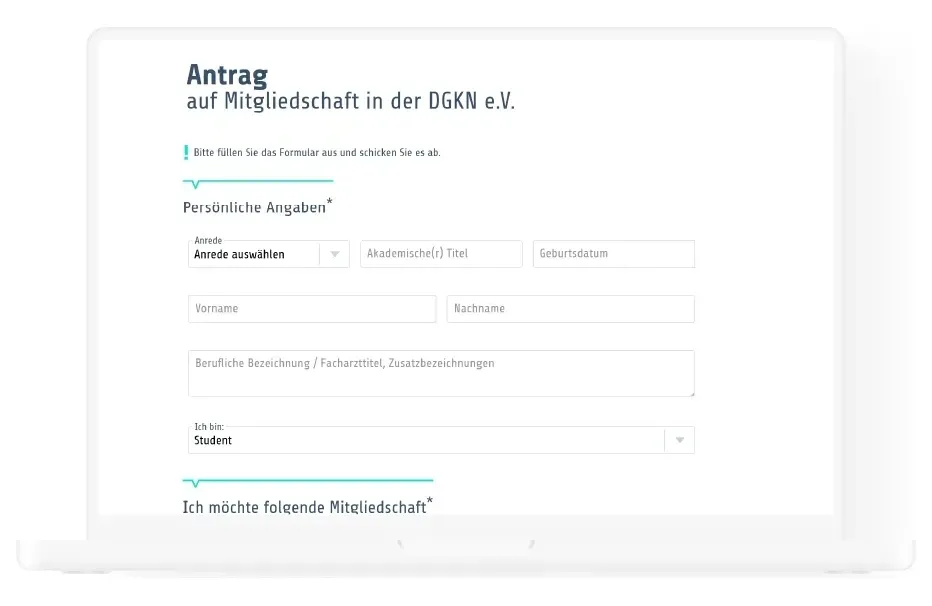 Online-Formular „Antrag auf Mitgliedschaft in der DGKN e. V.“ auf einem Laptop