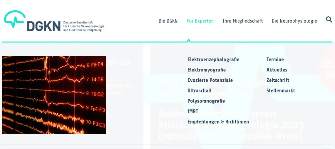 Geöffnetes Hauptmenü „Für Experten“ auf dgkn.de mit Methoden von Elektroenzephalografie bis fMRT sowie Terminen, Aktuellem, Zeitschrift und Stellenmarkt