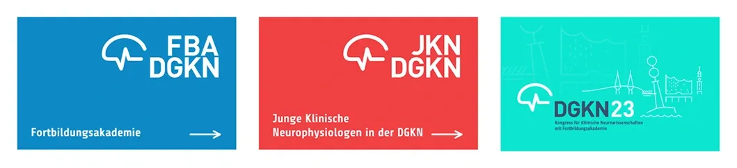 Drei Kacheln der DGKN-Subdomains: FBA Fortbildungsakademie, JKN Junge Klinische Neurophysiologen in der DGKN und Kongress DGKN23
