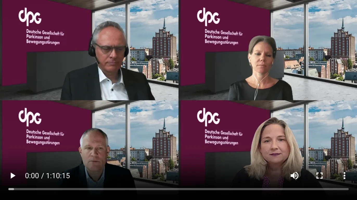 Videokonferenz mit vier Teilnehmenden vor dem virtuellen Hintergrund der DPG, darunter die Steuerleiste der Videoaufzeichnung