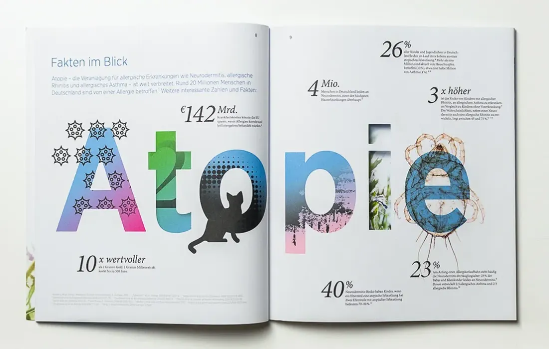 Aufgeschlagene Doppelseite „Fakten im Blick“ mit dem gestalteten Wort „Atopie“ und Kennzahlen zu atopischen Erkrankungen
